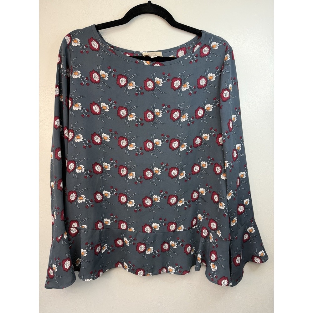 LOFT Bell Sleeved Grey Floral Scoopneck Blouse‎ Size L